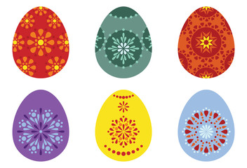 Set of Easter eggs painted with traditional patterns. Template for Easter cards design, banner, poster. Vector bright colorful festive illustration  in simple flat style..