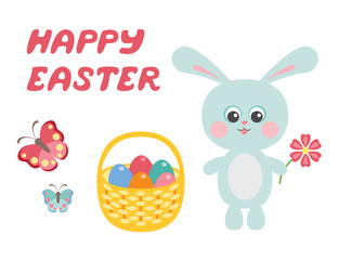 Happy easter. Cute bunny with a basket of Easter eggs isolated on white background. Vector illustration of funny cartoon character in simple flat style.
