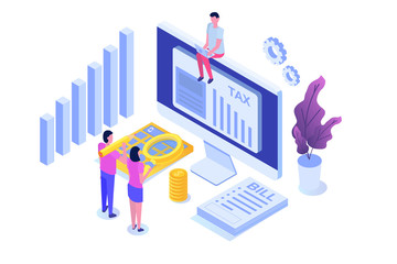 Pay tax online isometric concept. Accountant workspace elements. Vectorr illustration