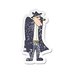 retro distressed sticker of a cartoon man in hat and trench coat