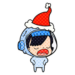 comic book style illustration of a astronaut woman explaining wearing santa hat