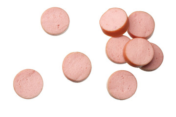 boiled sausages isolated on white background. top view