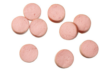 boiled sausages isolated on white background. top view