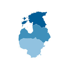 Vector illustration with simplified map of European Baltic states (Estonia, Lithuania, Latvia). Blue silhouettes, white outline and background - obrazy, fototapety, plakaty