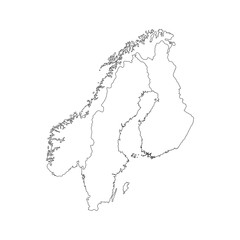 Vector illustration with simplified map of European Scandinavian states (Finland, Norway, Sweden). White silhouettes, black outline and background