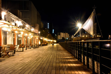 Fototapeta premium Drewniany pokład brzegu kanału Tennozu wznoszący się aż do oświetlenia