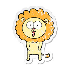 distressed sticker of a happy cartoon lion