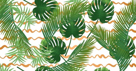 Fototapeta na wymiar Summer tropical palm leaves seamless pattern on copper texture stripes.
