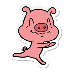 sticker of a nervous cartoon pig running