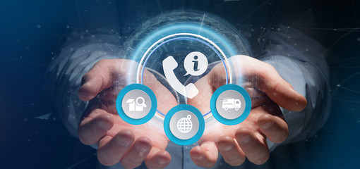 Businessman holding a customer and assistance hotline service 3d rendering