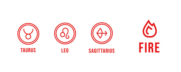 3 fire zodiac signs - taurus, leo, sagittarius. Round icons. - 255074556