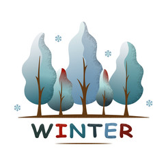 Winter forest landscape. Winter snowy trees and snowflakes. Environment and ecology concept. For social media, web pages, banner, poster, education materials. Semi flat isolated vector illustration.