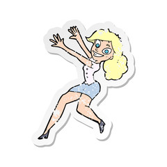 Obraz na płótnie Canvas retro distressed sticker of a cartoon happy woman jumping