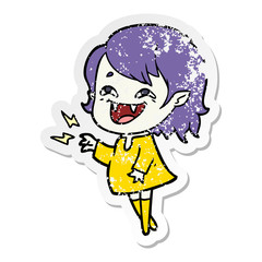 distressed sticker of a cartoon laughing vampire girl