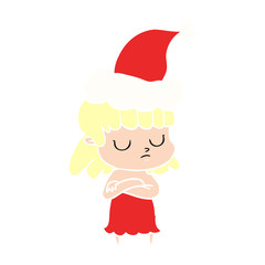flat color illustration of a indifferent woman wearing santa hat