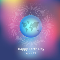 Happy Earth day April 22 celebration card. Vector illustration eps10 with cosmic scene with planet Earth rays stars and glow.