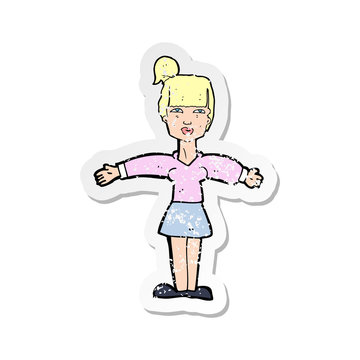 recommend clip art: retro distressed sticker of a cartoon woman shrugging shoulders