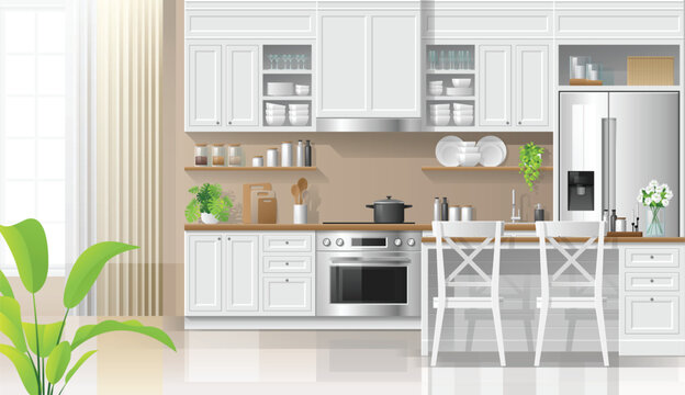 Interior background with kitchen in modern rustic style , vector , illustration