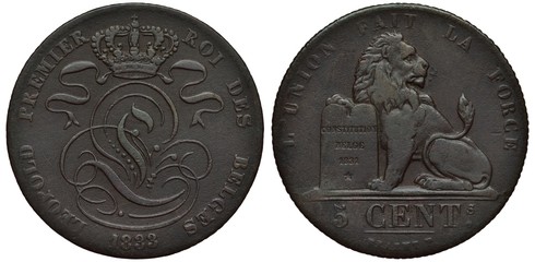 Belgium Belgian copper coin 5 five centimes 1833, crowned monogram of King Leopold I, date below,...