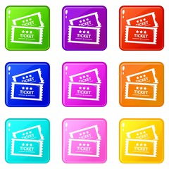 Cinema ticket icons set 9 color collection isolated on white for any design