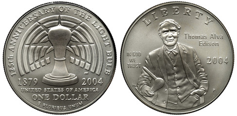 United States US silver coin 1 one dollar 2004, subject 125th Anniversary of Electric Bulb, light bulb on radiant background in center, Thomas Alva Edison, 