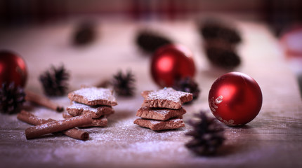 Christmas table. blurred image homemade cookies on wooden backg