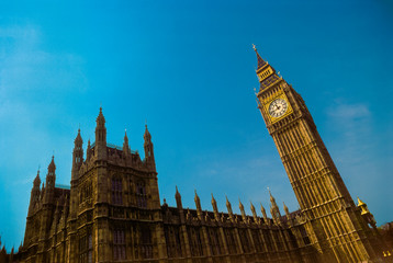 Low angle view of Big Ben and the Houses of Parliament, London, England