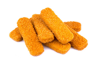 Fish fingers isolated on white background. Frozen fish sticks.