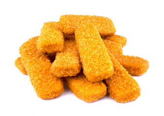 Fish fingers isolated on white background. Frozen fish sticks.