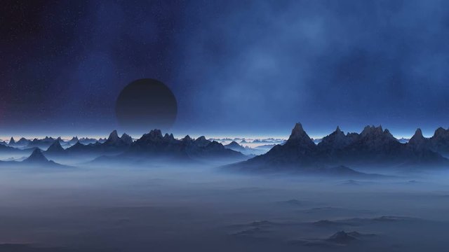 Moon - Spaceship Is Coming. Blue haze above desert landscape; thick white fog in lowlands. Dark rocks with snowy peaks. On a dark starry sky approaching planet in multi-colored lights. 