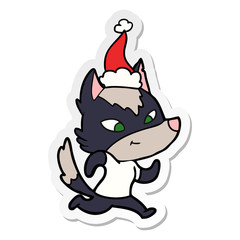 friendly sticker cartoon of a wolf wearing santa hat