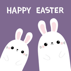 Happy Easter. Two rabbit bunny in the corner. Friends forever. Cute cartoon kawaii funny baby character set. Farm animal. Violet pastel background. Flat design