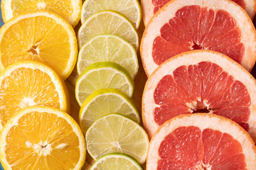 Flat lay slices of different raw fresh citrus fruit.