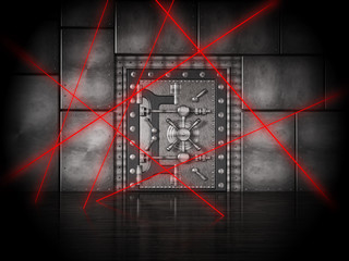 Red laser beams on bank vault door under heavy protection. 3D illustration