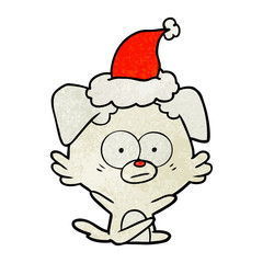 nervous dog textured cartoon of a wearing santa hat