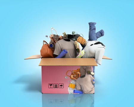 concept of product categories clothing and accessories  in the box on blue background