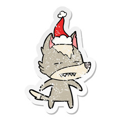 distressed sticker cartoon of a wolf showing teeth wearing santa hat