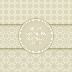 Compilation of geometric seamless patterns. White designs on olive green background