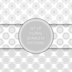Gray and white floral seamless patterns. Compilation of designs with flowers