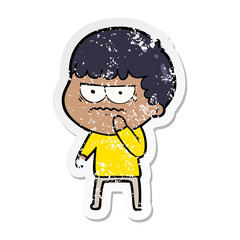 distressed sticker of a cartoon annoyed man
