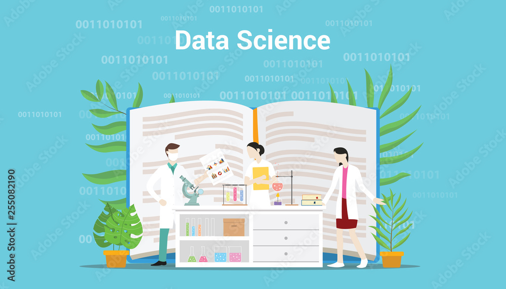 Poster data science concept with laboratory team working on data - vector illustration