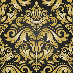 Classic seamless vector pattern. Damask orient ornament. Classic vintage black and golden background. Orient ornament for fabric, wallpaper and packaging