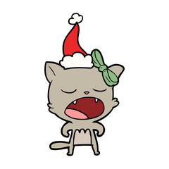 line drawing of a cat meowing wearing santa hat