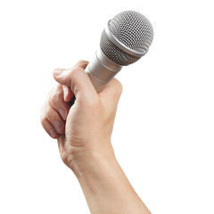 Male hand holding a microphone, isolated on white background