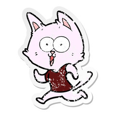 distressed sticker of a funny cartoon cat jogging