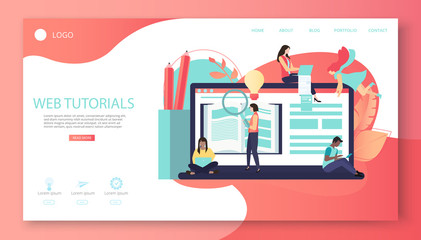 Web tutorials. Coral background or landing page template with laptop and people study, flat style.