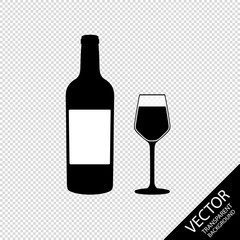 Bottle And Glass Of Wine - Vector Illustration - Isolated On Transparent Blackground