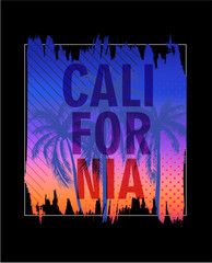 Colorful California poster with palm trees. T-shirt print with inscription, summer design for youth, teenagers.