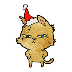 tough textured cartoon of a cat wearing santa hat