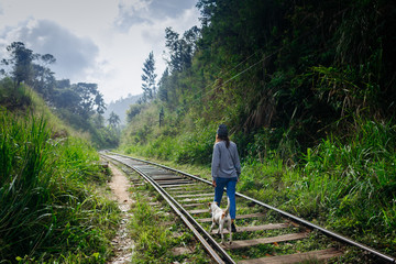 Girl walking with dog on train way. Adventure travel